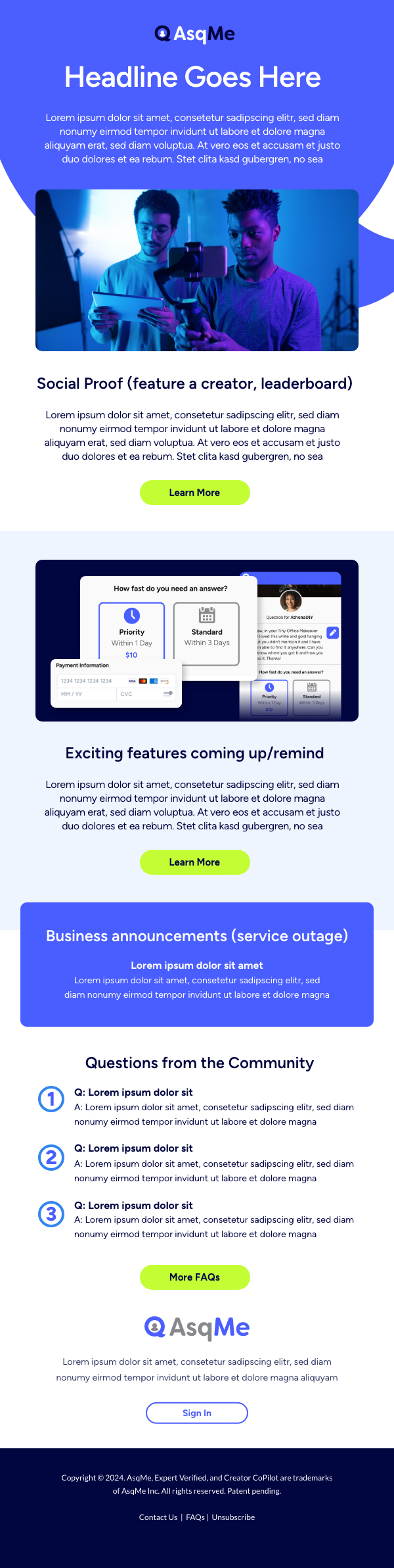 AsqMe: Creator platform introduction, full email design