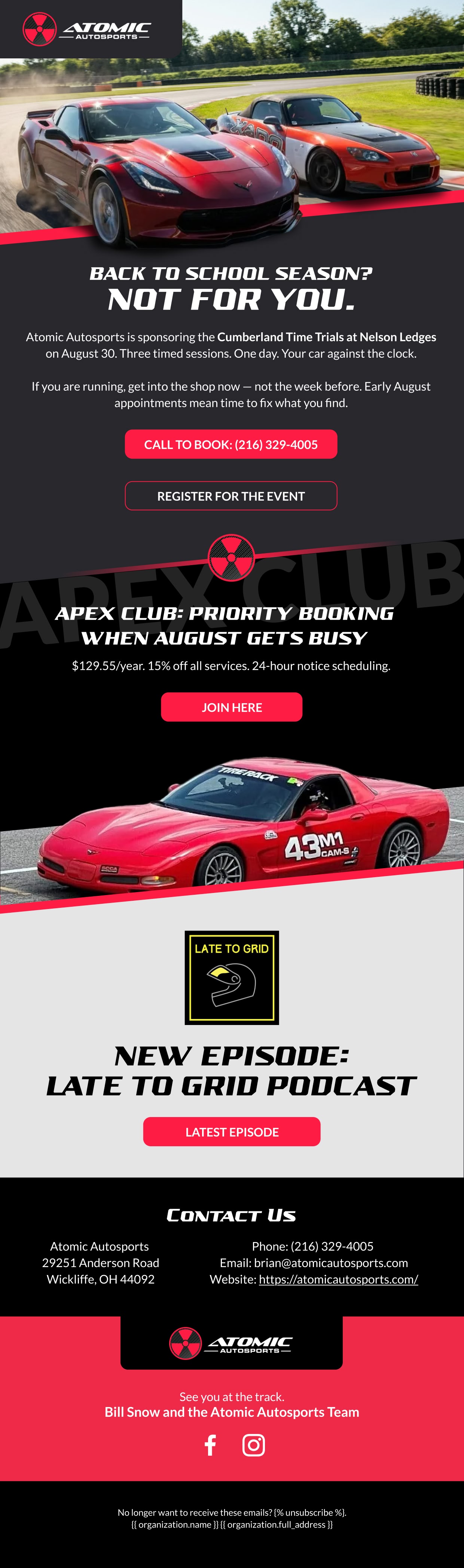Atomic Autosports: Back to school season, full email design