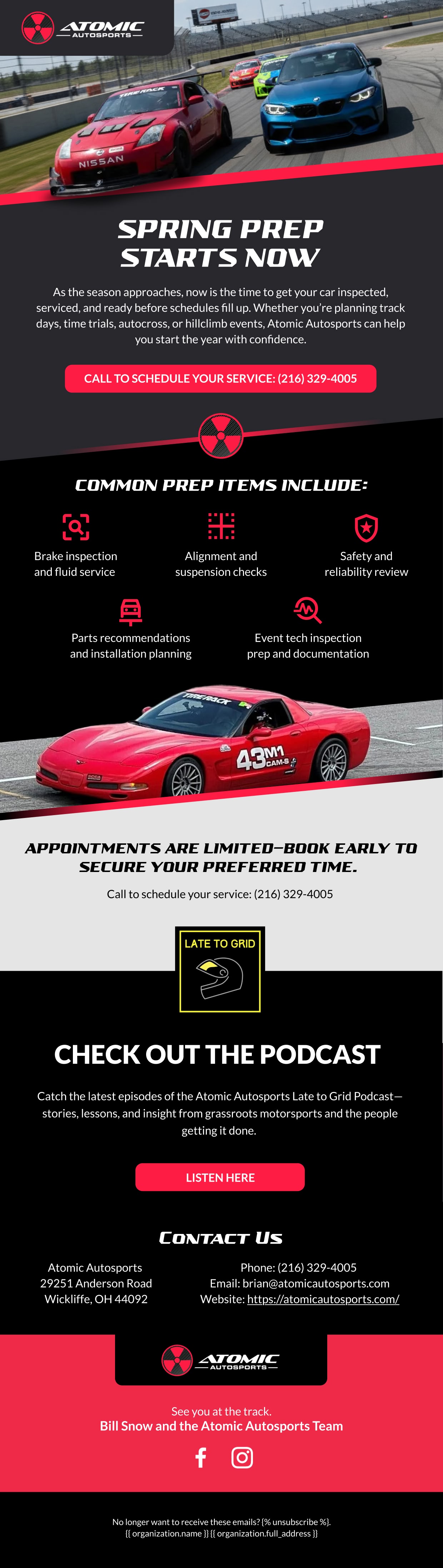 Atomic Autosports: Spring preparation newsletter, full email design