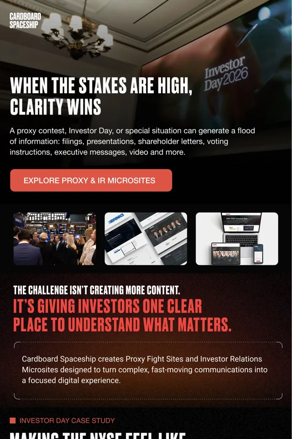 Cardboard Spaceship — Investor event production newsletter