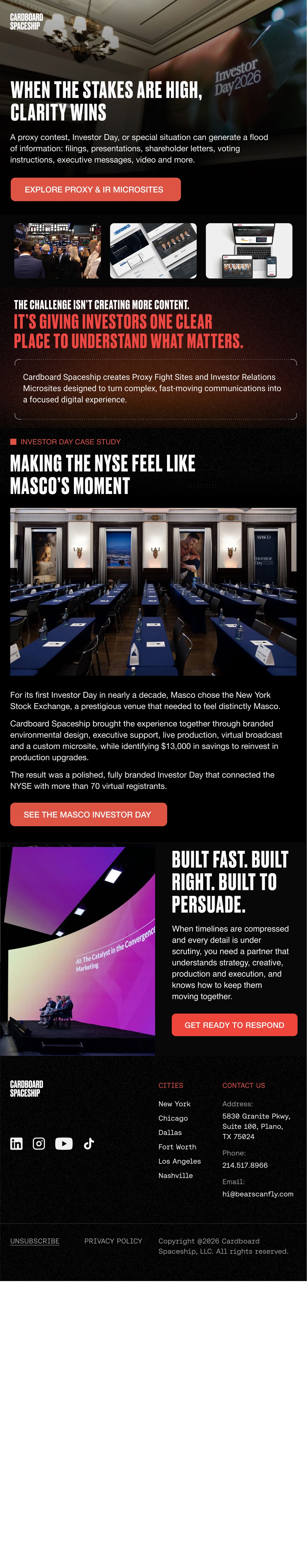 Cardboard Spaceship: Investor event production newsletter, full email design