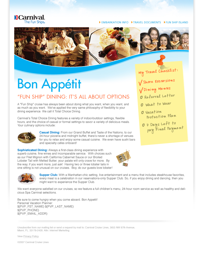 Carnival Cruise Line: Onboard dining, full email design