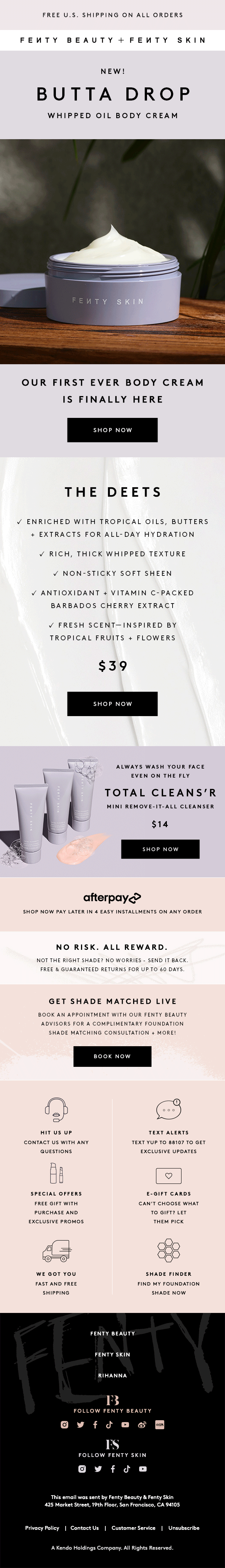 Fenty Beauty: Butta Drop product spotlight, full email design