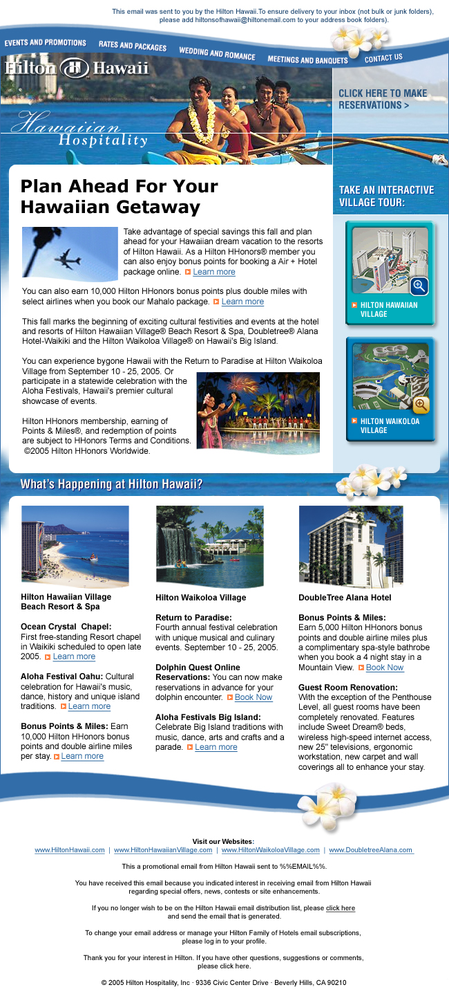 Hilton: Hawaiian getaway newsletter, full email design
