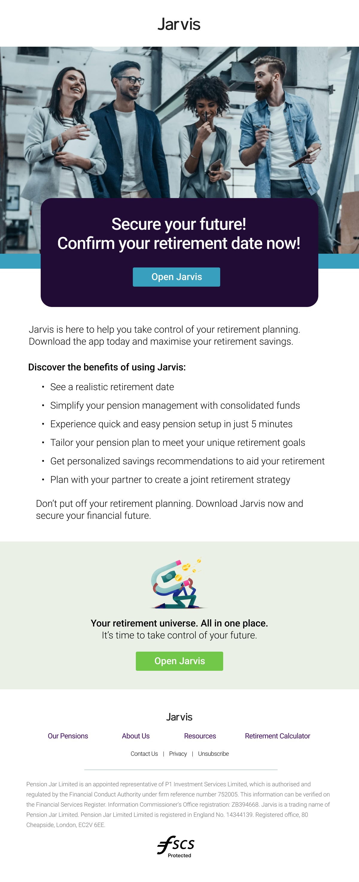 Jarvis: Retirement planning prompt, full email design