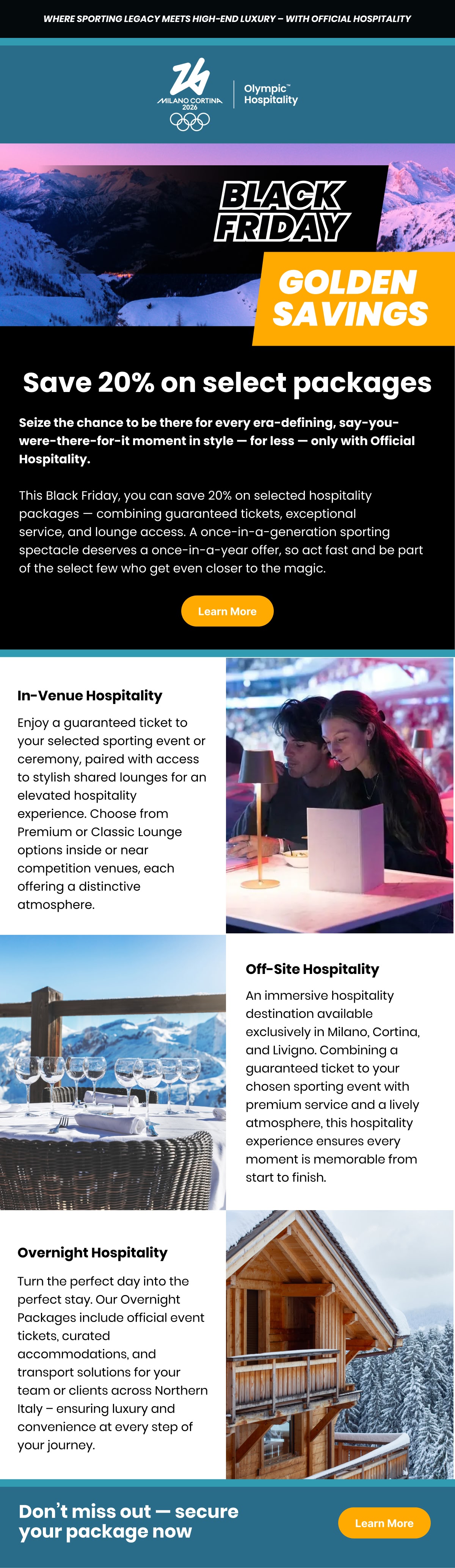 Milano Cortina 2026: Hospitality package offer, full email design