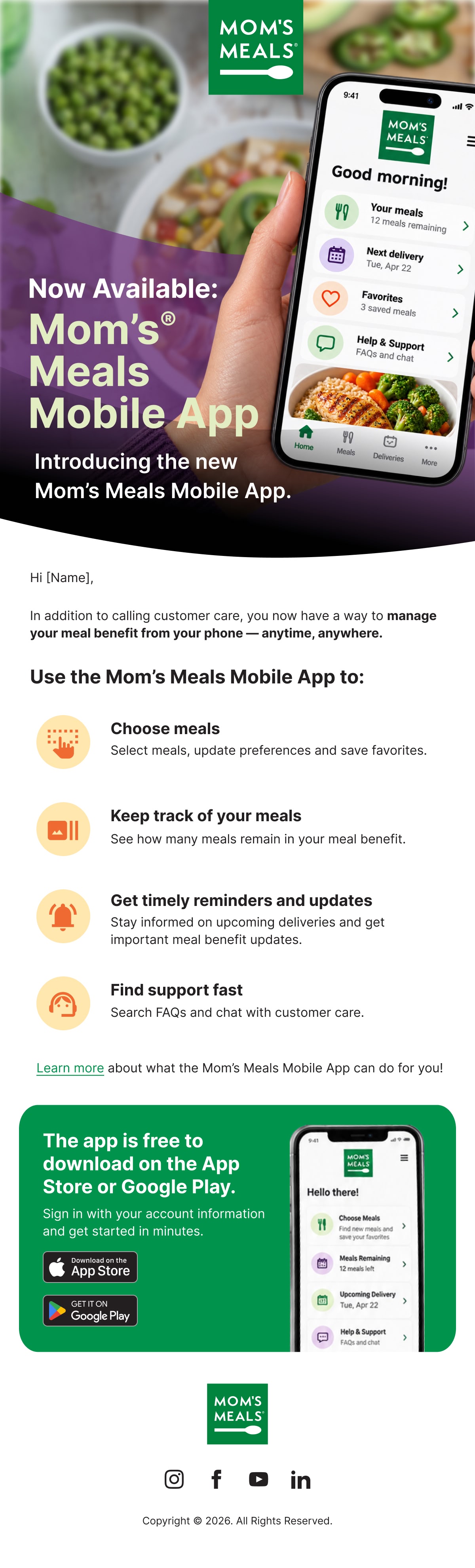 Mom’s Meals: Mobile app launch, full email design