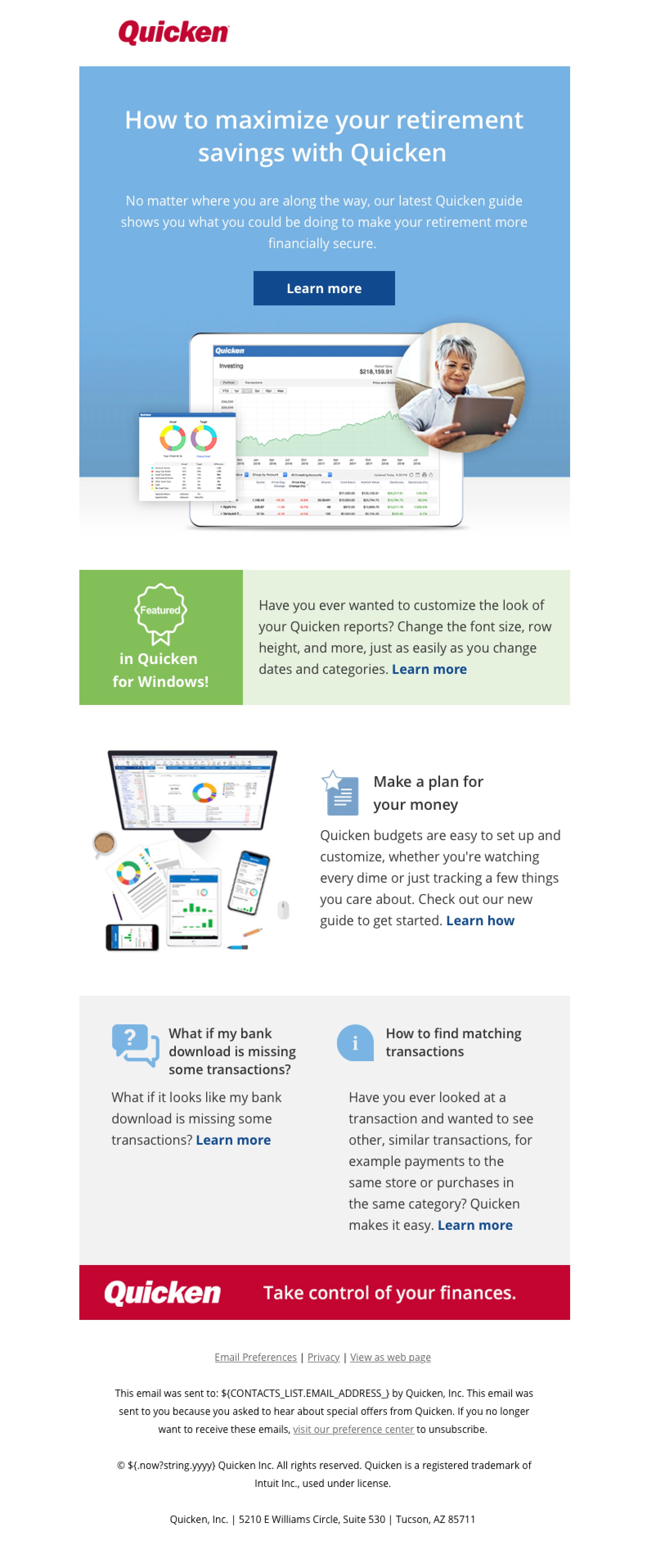 Quicken: Retirement education, full email design