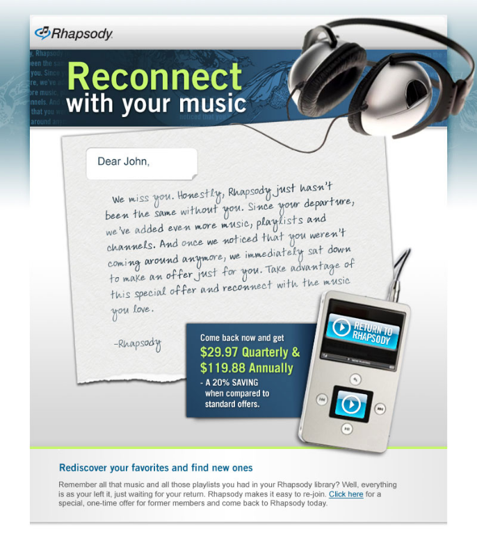 Rhapsody: Music subscription winback, full email design