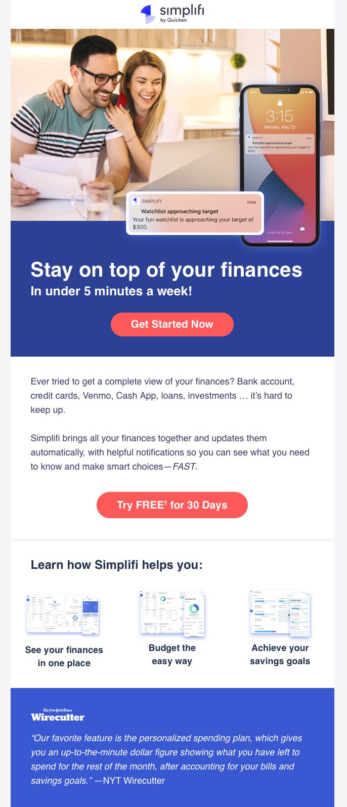 Simplifi by Quicken: Subscription trial offer, full email design