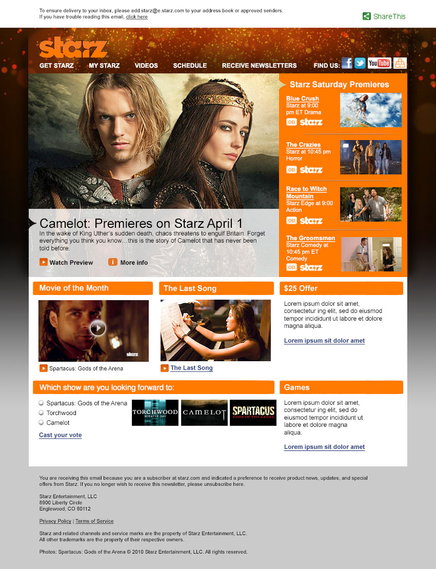 STARZ: Email campaign, full email design