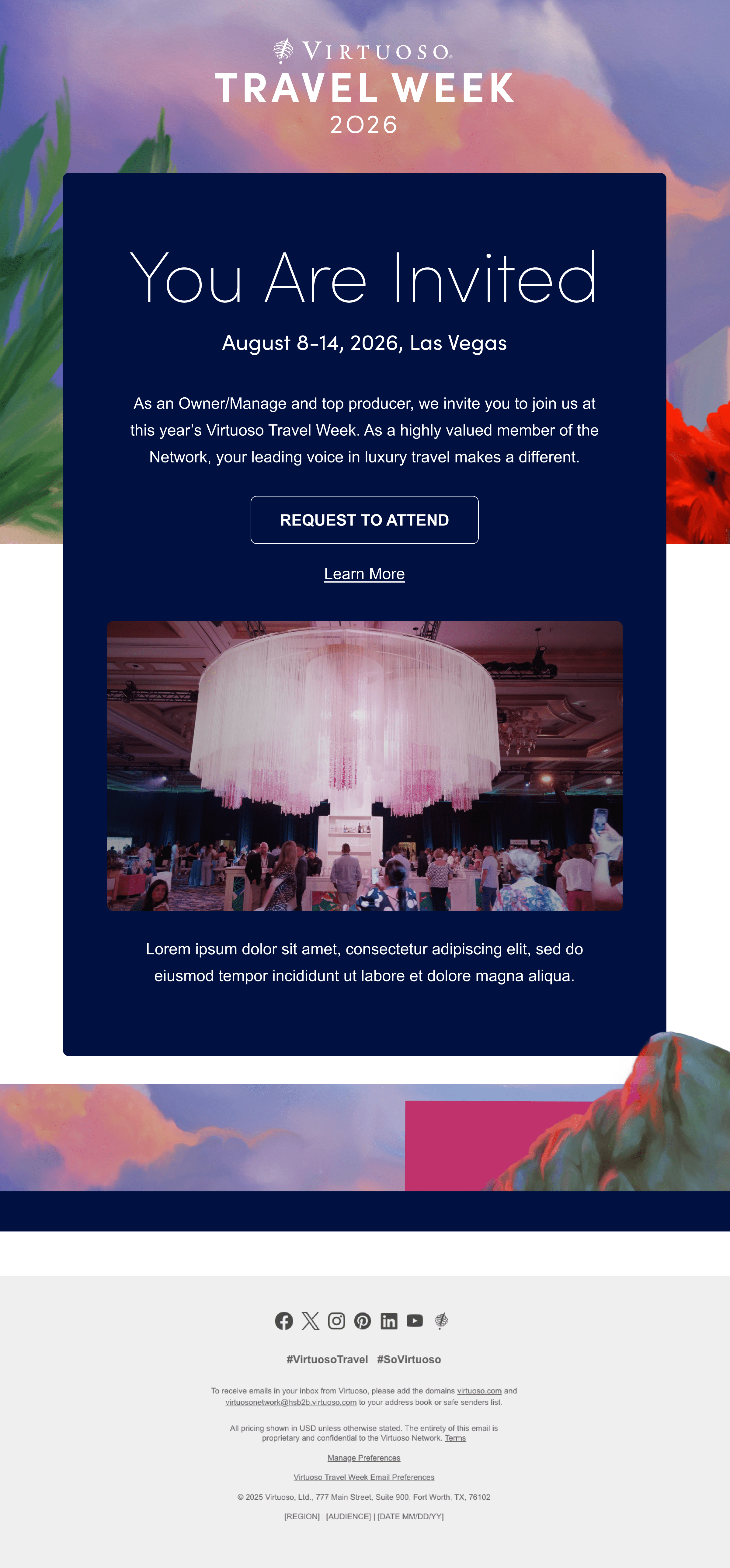 Virtuoso: Travel Week invitation, full email design